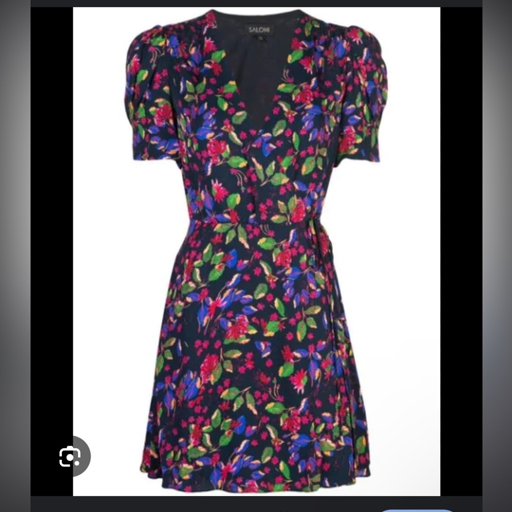 Saloni black Lea floral mini chiffon wrap dress size 8